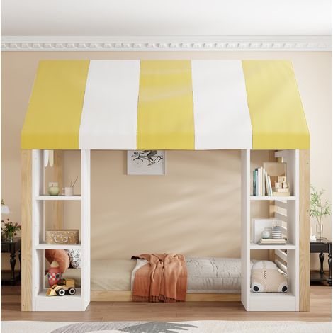 Cama infantil 204.5x118.7x188 cm, con dosel decorativo y dos estantes abiertos, madera y metal blanco y natural (1/5)