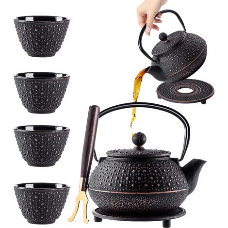 Tetera, capacidad de 800 ml, material de hierro fundido, incluye 4 tazas, filtro de malla, diseño elegante. (1/5)