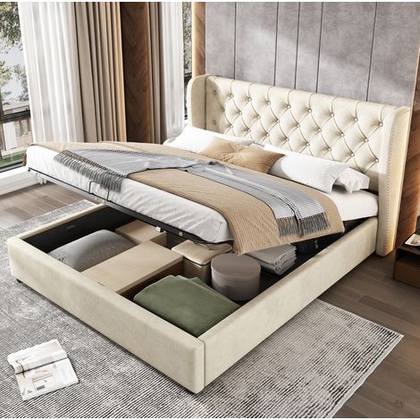 Letto 140x200 cm in velluto beige con contenitore salvaspazio, senza materasso – MEUBLIV (1/5)