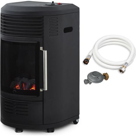 FAVEX - Poêle à gaz Infrableu avec soufflerie Volga - Chauffage d'appoint à gaz - Prêt à l'emploi tuyau et détendeur inclus - Effet feu de cheminée - 6 puissances de chauffe - Jusqu'à 40 m² - Noir (1/5)
