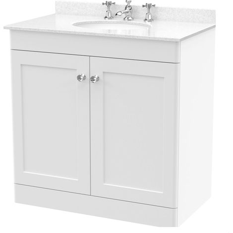 Swynnerton Traditional 2 Door Floor Standing Vanity Unit with Marble Basin, Satin White, 800mm