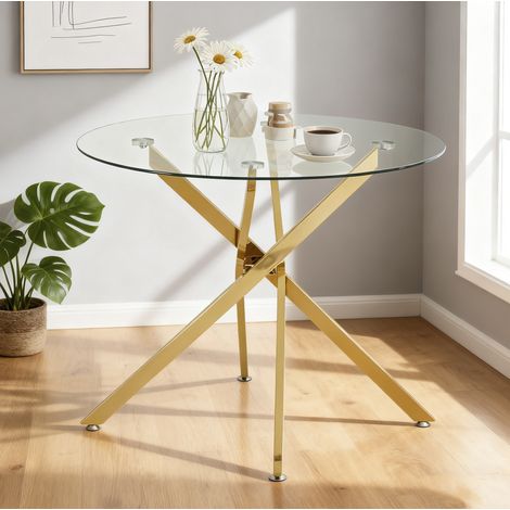 Mesa de comedor redonda 80x80x76 cm dorado en vidrio templado y metal con base cruzada y patas ajustables (1/5)