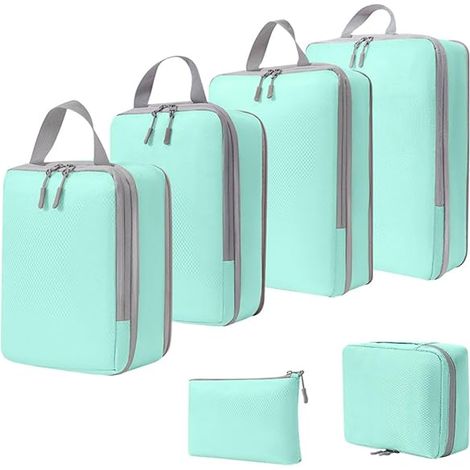 Ensemble de 6 organisateurs de rangement compressibles pour le voyage, cubes de rangement avec sacs en filet, trousse de toilette, ensemble de cubes de rangement lavables pour valise, voyage, excursio (1/5)