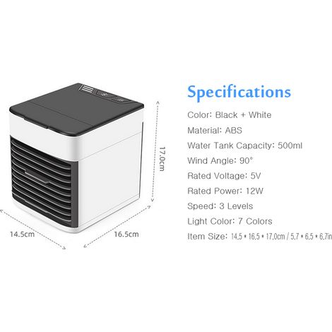 Climatiseur portable, rafraîchisseur d'air de bureau personnel, humidificateur, purificateur d'air, mini ventilateur USB avec lumière LED 7 couleurs pour la maison ou le bureau (1/3)