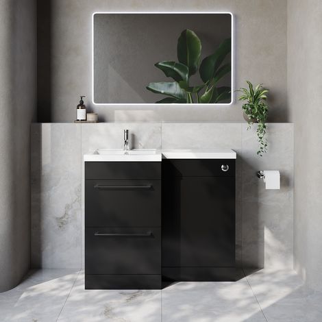 Napoli 390 Matt Black 1000mm 2 Drawer Vanity Unit Toilet Suite with Left Hand Square Lucia Basin - 1000mm - Chrome 320mm HandleWithout Kingston Toilet Pan