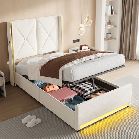 Cama tapizada moderna de terciopelo beige 90x200 cm con cabecero alto acolchado, USB/Type-C, LED y arcón