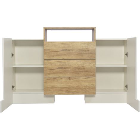 Credenza moderna 140 cm bianco lucido e effetto legno con LED multicolore, MDF (1/5)