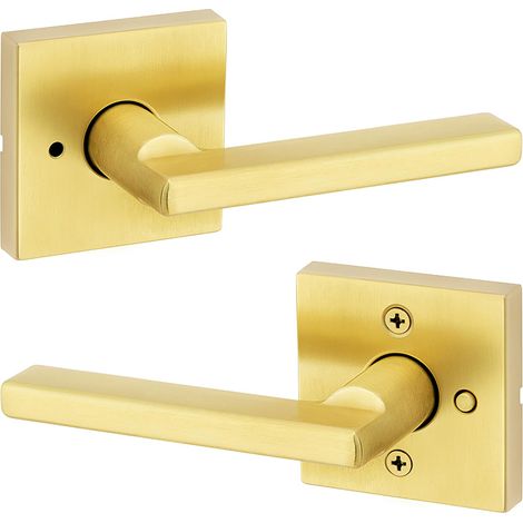 Poignée de porte intérieure avec serrure, levier de porte pour salle de bain et chambre à coucher, en laiton satiné, réversible, sans clé, avec protection (1/5)