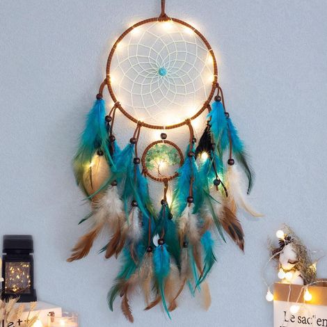 Traumfänger mit Lichtern, Kinderzimmerdekoration, handgefertigt, leuchtender Traumfänger, Federteppich, Bohème-Stil, Wandbehang für Schlafzimmer, Hochzeitsdekoration (1 Stück)
