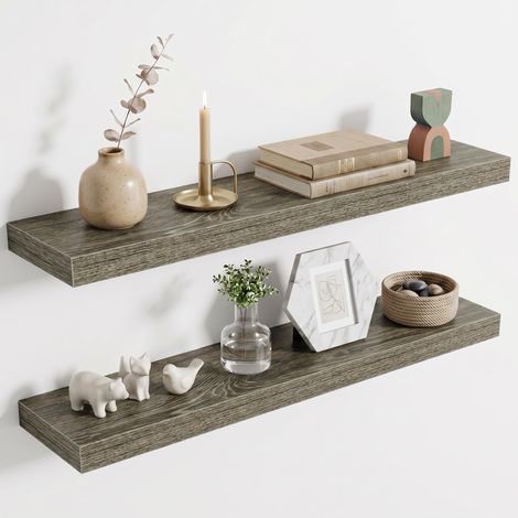 Étagère Murale en Bois, Version Extra résistante, Longueur 80 cm, Tablette Murale pour Salon, Salle de Bain, Chambre, Cuisine, chêne Gris, Lot de 2 (1/5)