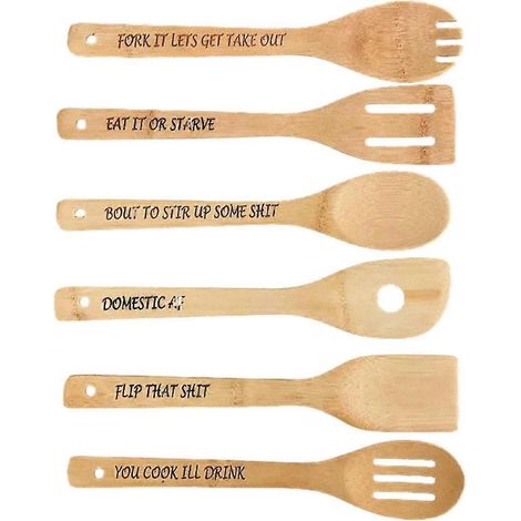 Lot de 6 cuillères en bois gravées et humoristiques, idéales pour la cuisine ou à offrir, 30 cm de long CGVC (1/5)