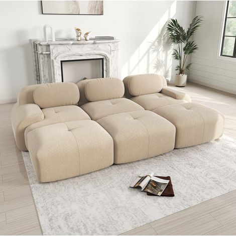 Divano modulare 3 posti con 3 pouf, tessuto effetto corduroy, senza montaggio, beige DESVIAE (1/5)