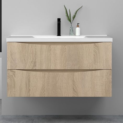 Meuble de salle de bain suspendu 100cm avec simple vasque + 2 tiroirs, Chêne