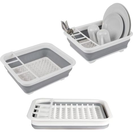 Escurridor de platos plegable con soporte para utensilios - Perfecto para el hogar o para acampar, resistente a desgarros, diseño que ahorra espacio, patas antideslizantes, color gris. (1/4)