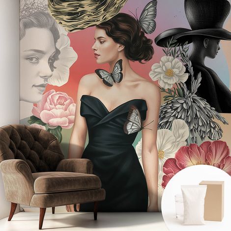Tapete Vliestapete mit Kleber modern - Wanddeko für Küche - Klebefolie Wand - luxus Look Blumen und Porträts 250x250 cm (1/5)