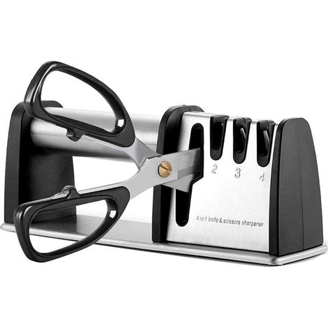 Aiguiseur de couteaux manuel 4 en 1, aiguiseur de couteaux avec base antidérapante, outil de cuisine, ciseaux, aiguiseur manuel en acier à 4 étapes (1/5)