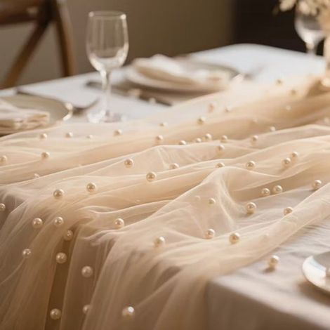 Tovaglia con perle, runner da tavola in pizzo, decorazione festiva, taglio personalizzato, 75 x 300 cm, champagne (1/5)
