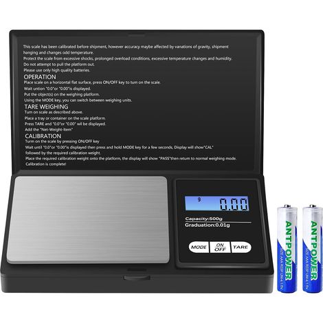 Balanza de precisión, 500 g/0,01 g, balanza de cocina, balanza digital portátil de bolsillo con pantalla LCD y función de tara, balanza de joyero, para joyería, café, etc. (pilas incluidas) (1/5)