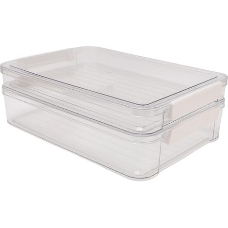 Lot de 2 boîtes de rangement fichiers plastique PET transparentes empilables avec couvercle à clips documents A4 portables bureau maison (1/5)