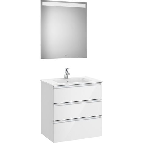 Conjunto de mueble 3 cajones, lavabo y espejo con LED THE GAP - ROCA Color: Blanco brillo - Medidas: 705 mm