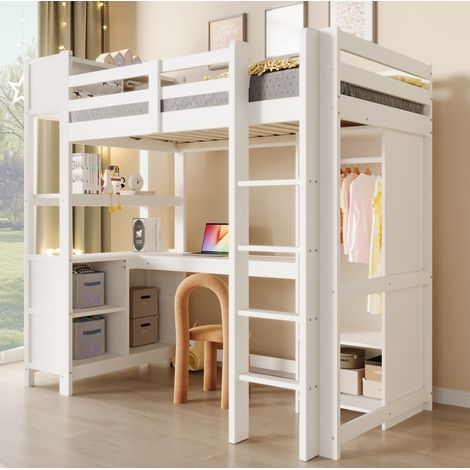 Letto a soppalco 232.5x100x189.5 cm con scrivania, scaffali e armadio, design salvaspazio, pino bianco (1/5)