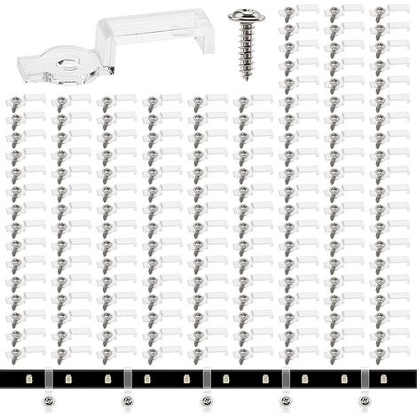 150 Pièces 10mm Clips Bande Lumineuse, Clip de Fixation Ruban LED, Support Fixation Bande Lumière Clips, avec Vis, pour 10MM Large LED Bande Lumières (Transparent)