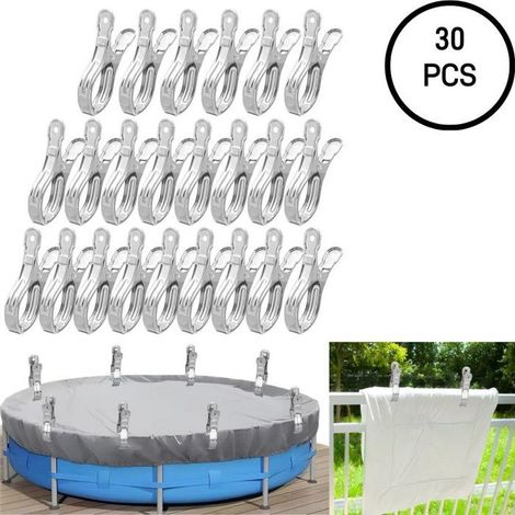 30 pièces - Pinces coupe-vent en acier inoxydable - Pinces pour bâche de piscine - Pinces à rideaux - Argent - 2 x 13 cm (1/5)