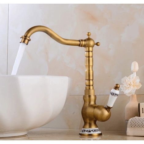 Grifos para lavabo, grifo de baño antiguo, caño giratorio de 360° en latón antiguo, grifo de baño de agua fría y caliente, G3/8 (1/5)