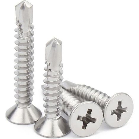 Pack of 50 self-drilling screws with a countersunk Phillips head, 4.8 x 38 mm, made of 304 stainless steel, multi-purpose self-tapping screws for sheet metal, wood, and drywall. (1/4)