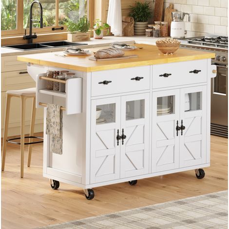 Îlot de cuisine mobile 140x73x93,5 cm en MDF blanc avec rangements, pour petite cuisine – MEUBLIV (1/5)