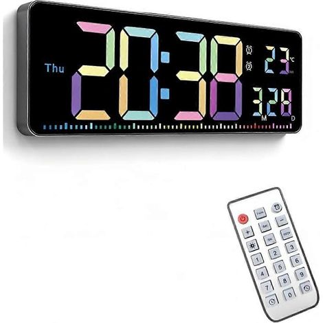 Horloge murale numérique, affichage numérique couleur 40 cm (16 pouces), date, jour de la semaine, température, double alarme, luminosité automatique, heure d'été, compte à rebours (1/5)