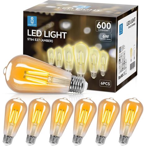 E27 LED-Lampe – 6er-Pack – Bernsteinfarbenes Glas ST64 – 6 W, 600 Lumen – Retro-Beleuchtung – Für Zuhause und Gewerbe (1/5)