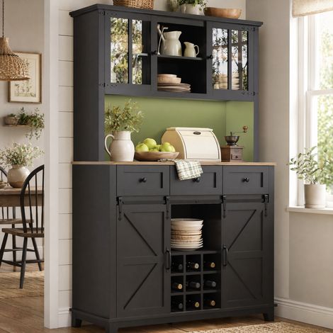 MEUBLIV Buffet cuisine 105x38,4x180 cm noir – portes vitrées, éclairage LED (1/5)