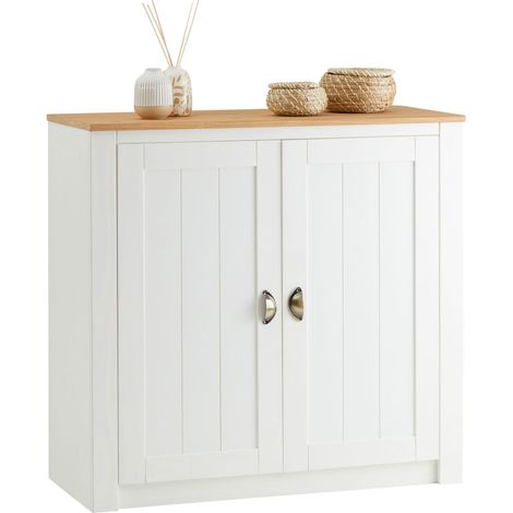 Idimex – Buffet salle à manger Bolton 91 cm – Bois massif blanc et brun – 2 tiroirs et 4 tablettes – Style classique intemporel (1/4)