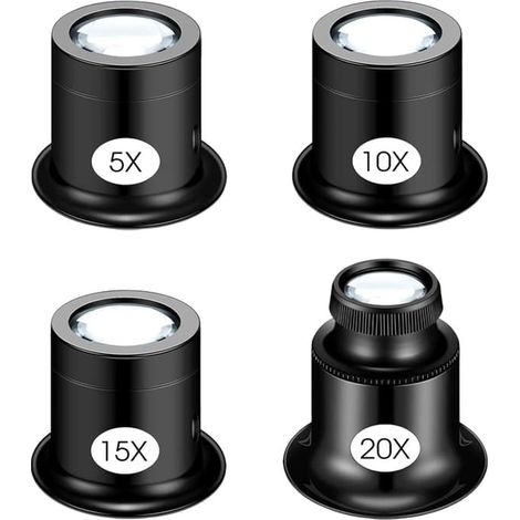 Ecleanfy - Lot de 4 loupes de bijoutier, loupe d'horloger, loupe pour bijoux, pièces de monnaie, pierres, timbres (5X 10X 15X 20X) (1/5)