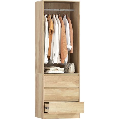 Armoire en bois teck 60x48,5x185 cm avec barre à vêtements, étagère et 3 tiroirs, rangement pratique et élégant (1/5)