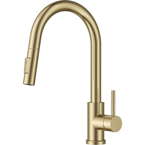 Robinet Cuisine, Mitigeur Cuisine Douchette, Pivotant à 360° d'Évier à Arc Élevé Pulvérisateur Escamotable 2 Modes, Or Brossé Mitigeur d'évier de cuisine pivotant à 360° avec douchette extractible (1/5)