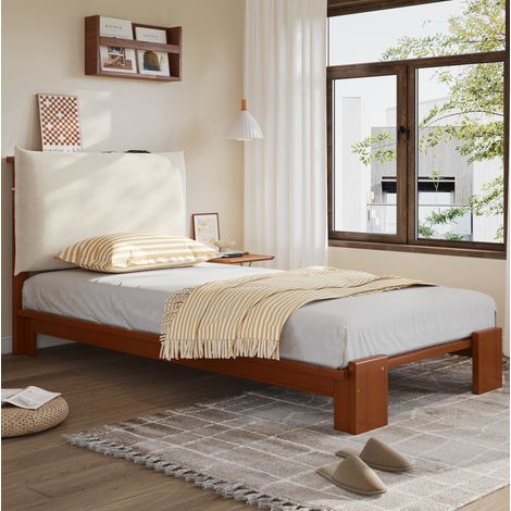 Cama infantil tapizada con respaldo acolchado marrón OKMYHOME (1/5)