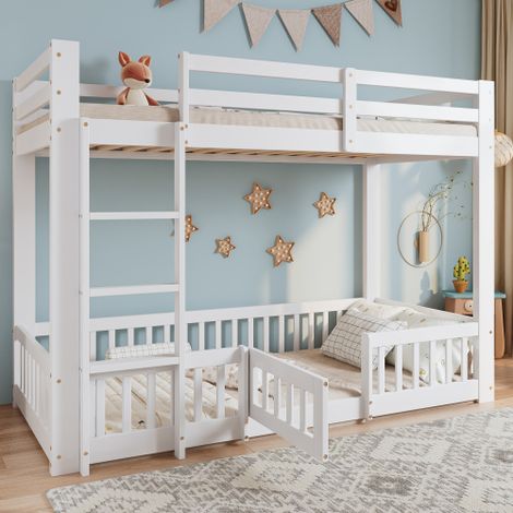 Lit superposé 90x200 cm lit enfant avec escalier, rampe et protection antichute, blanc, en bois, sans matelas (1/5)