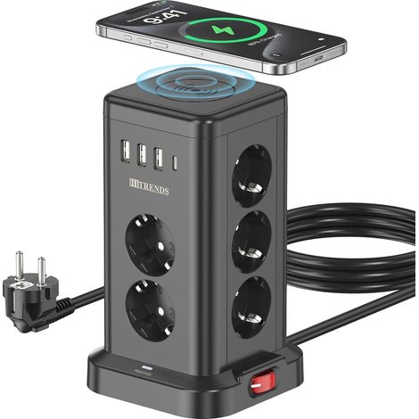 Multiprise 11 prises avec charge sans fil 5W, 3 ports USB-A et 1 port USB-C (5 V/3 A), câble d'extension de 2 m, design compact multiface, avec interrupteur, pour la maison et le bureau, noir (1/5)