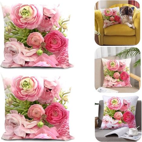 Housses de coussin lot de 2 de 45 x 45 cm - taies décoratives à motif fleuri pour salon, roses (1/5)
