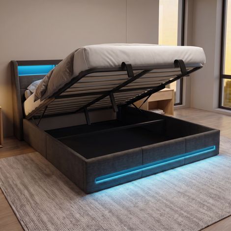 Lit coffre 140x190 cm avec sommier - lit double adulte avec rangement hydraulique et led rgb - tête de lit avec chargement usb type-c, lin, gris (1/5)