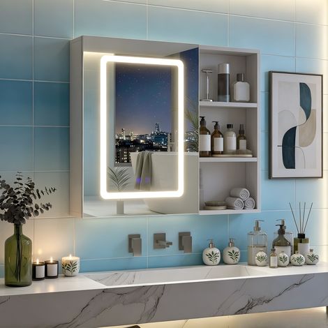 JOOKGBD–Armadio da bagno con specchio LED,sbrinatore,3 temperature di luce,dimmerabile,comando tattile,ripiani regolabili,metallo,60x60cm