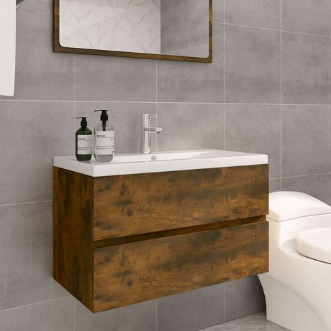 Meuble sous lavabo Meuble sous vasque - avec bassin intégré Chêne fumé Bois d'ingénierie BV144576 - BonneVie (1/5)