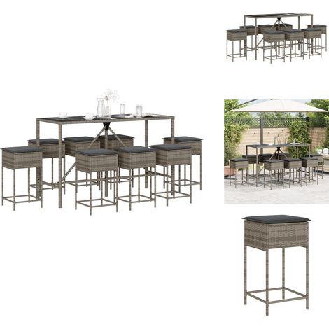 Ensemble de bar de jardin 9 pcs avec coussins gris poly rotin - Salon De Jardin - Set Salon De Jardin - Mobilier De Jardin - Table De Jardin - Chaises De Jardin