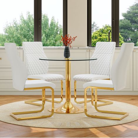 Table et chaises de salle à manger en verre et métal, 4 places, blanc et doré, style élégant (1/5)