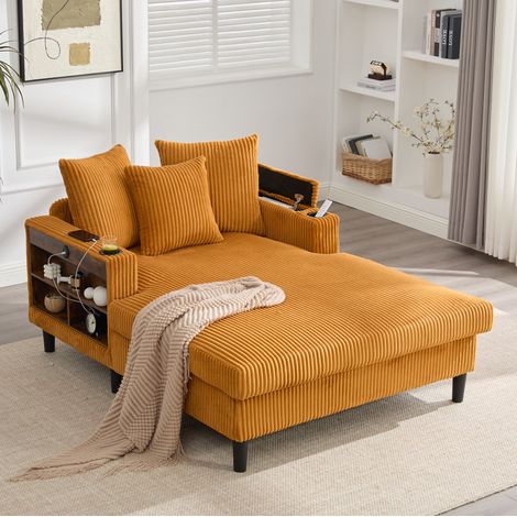 Chaiselongue multifonction en corduroy moutarde avec LED, USB, rangements et 2 porte-gobelets (1/5)