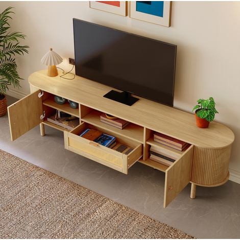 Meuble TV 175x36x51 cm naturel en MDF et métal avec rangements et passe-câbles (1/5)