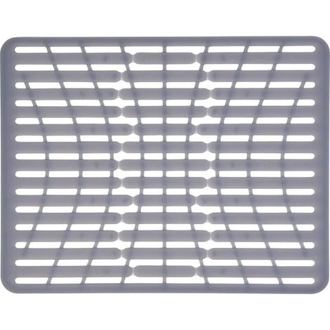 Tapis de protection d'évier en silicone, épais, de qualité alimentaire, avec 3 trous réservés, résistant à la chaleur, lavable au lave-vaisselle, 28,5 x 32 cm, gris (1/4)