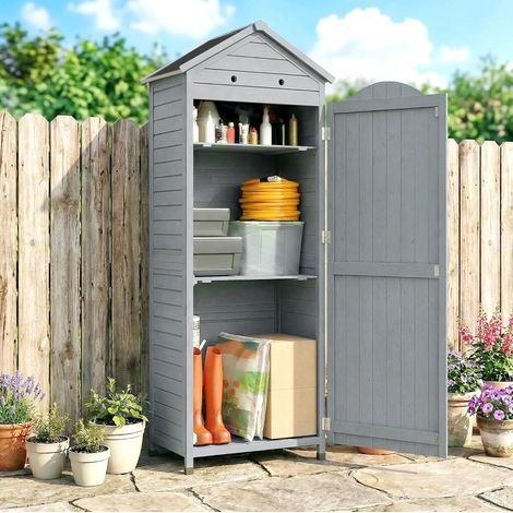 Armoire de jardin haute gris en bois avec toit en métal galvanisé, étagères réglables et porte magnétique (1/3)